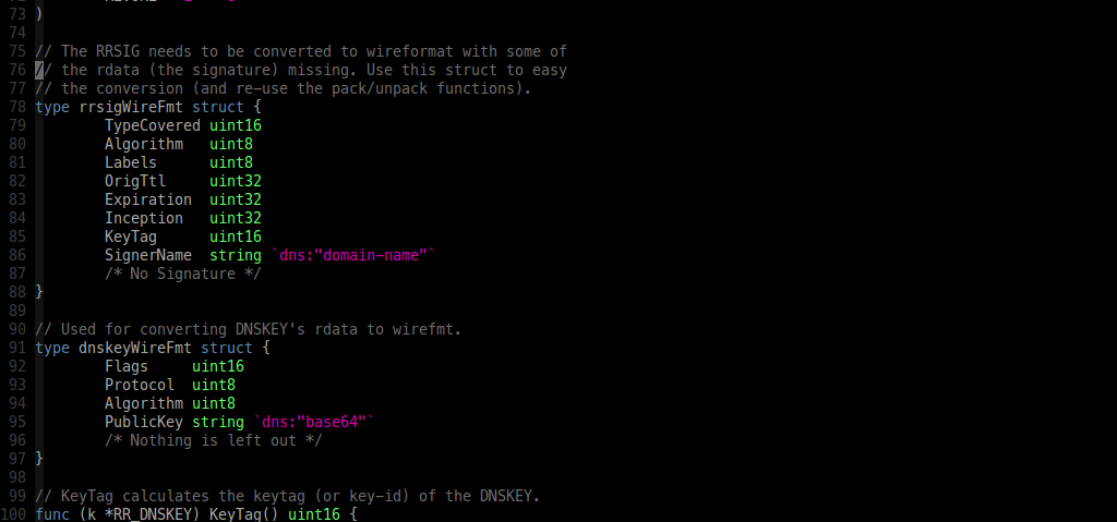 Here you see a user defined type rrsigWireFmt which isn’t colored like uint16, uint8, etc.